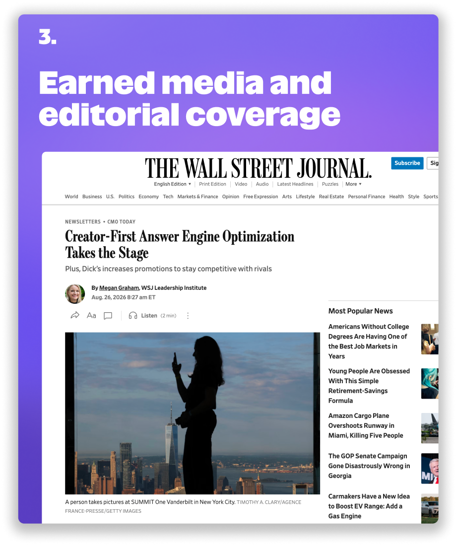 A Wall Street Journal newsletter headline: Creator-First Answer Engine Optimization Takes the Stage