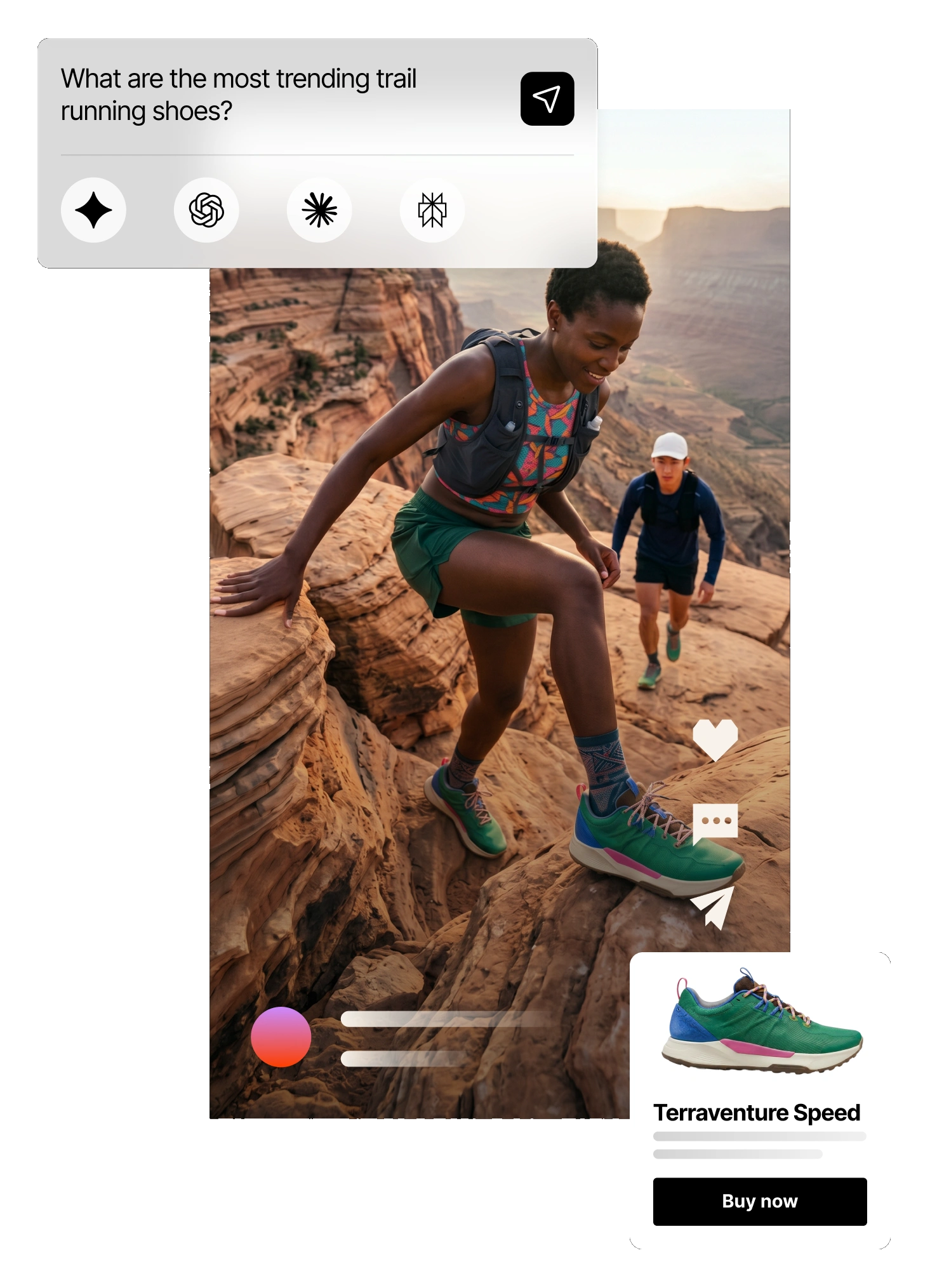 An AI answer to the prompt \u201cWhat are the most trending trail running shoes?\u201d \u2014 a creator\u2019s trail-running video alongside a Terraventure Speed product card